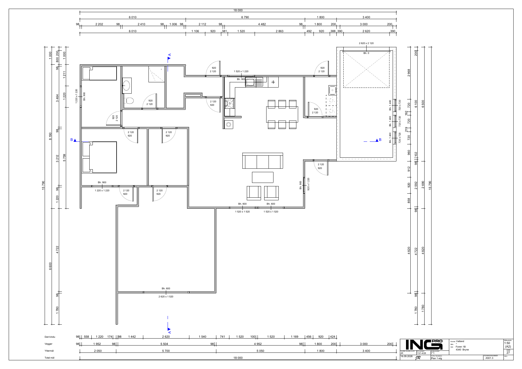 Plantegning for 1. etasje i huset som renoveres