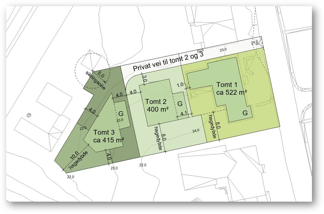 Situasjonsplan med tomt 1 ca. 522 m², tomt 2 400 m² og tomt 3 ca. 415 m², samt privat vei